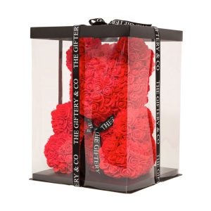 Ourson en roses rouges avec ruban – 40 cm